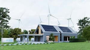 Modern eco house with solar panels and windmills to use alternative energy.