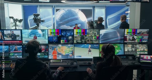 TV Station Production Control Room, Broadcast Director and Technician Operate Live Cable Newscast, Switching Studio Cameras. Multiview Monitors, Anchor Shots, Reports, Weather, Sports Stream Channel.