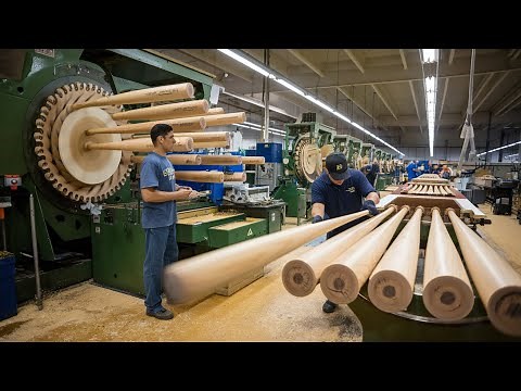 The Baseball Bat Manufacturing Process in a Factory.