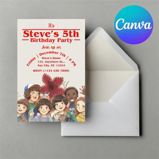Stranger Things Birthday Invitation, Demogorgon and Kids Design Invite Template, (digital Download Canva Editable Link) - Etsy