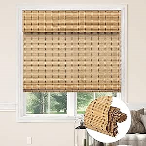 Kokorona Cordless Bamboo Roman Shades with Valance, Light Filtering Bamboo Blinds for Interior Windows, Natural Roll Up Bamboo Shades for Home, Office, Easy Installation, 26" W x 64" H, Natural