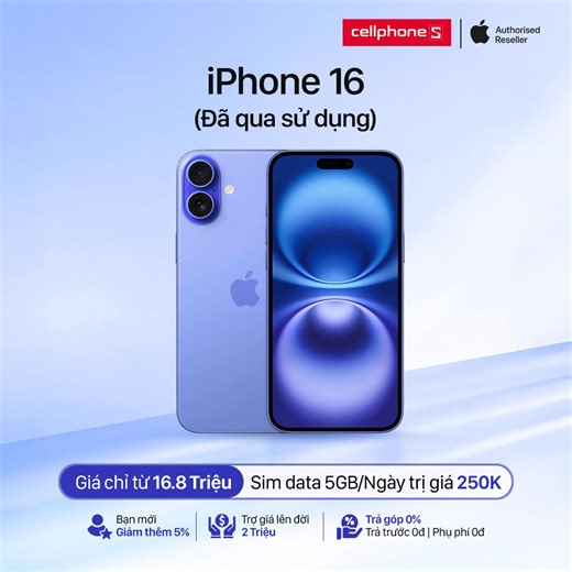 💎 iPhone 16 Thường Đã Qua Sử Dụng – Chất Lượng Đỉnh, Giá Hợp Lý 🔥 Giá chỉ từ 16.8 triệu 🛒 Mua ngay: https://cellphones.com.vn/hang-cu/iphone/iphone-16/16-base.html -------- ⚡Tặng sim data 5GB/Ngày trị giá 250K ⚡ Giảm thêm 5% cho khách hàng mới mua lần đầu ⚡ Trợ giá lên đời đến 2 triệu ⚡ Trả góp 0đ - Lãi Suất 0đ - Không Phụ Phí (Kỳ Hạn Đến 12 Tháng) ⚡ Đặc quyền S-Student & S-Teacher giảm thêm 5% tối đa 700K -------- ✅ Máy thu cũ chính chủ – Kiểm định kỹ 🛡️ Bảo hành 6–12 tháng, 1 đổi 1 nếu lỗi