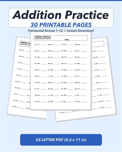 Addition Worksheets PDF | 30 Printable Pages | Math Addition Practice for Numbers 1-12 | Horizontal Format - Etsy