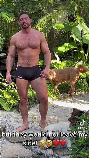 Male Swimsuit Model befriends cute dogs during photo-shoot - Steve Grand GRAND-AXIS Square-Cut