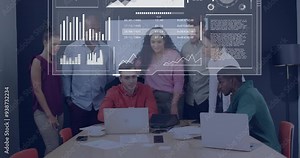 Collaborating over digital data processing animation, business team working together