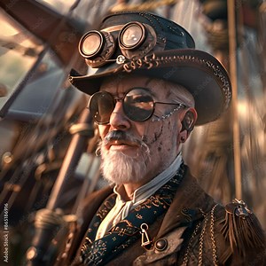 Steampunk Airship Captain Portrait, blending steampunk fashion and airship settings, hyperrealistic 4K photo. 4K Video