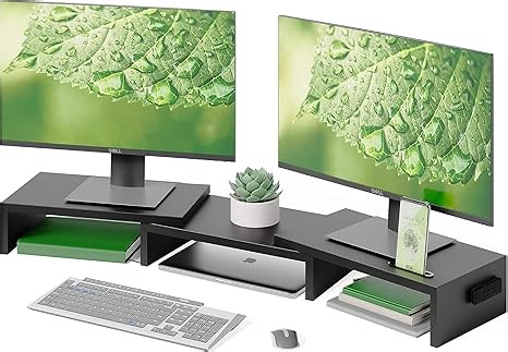 BONTEC Monitorständer Holz, Dual Monitor Stand Riser mit Handyhalter, Verstellbare Länge und Schwenkwinkel, Ergonomischer Monitorständer für 2 Monitore, Für Büro und Heimarbeit