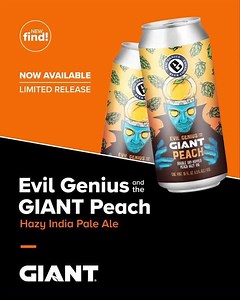 2.1K views · 17 reactions | Now that's genius! Our latest collab with Evil Genius Beer Company is a hazy IPA double dry-hopped with mosaic and citra hops, and bursting with oats & juicy natural peach. PLUS, $1 of each purchase supports Sharing Excess, Inc. in Philadelphia. Great beer, great cause! In stores now, for a limited time. | GIANT | Facebook