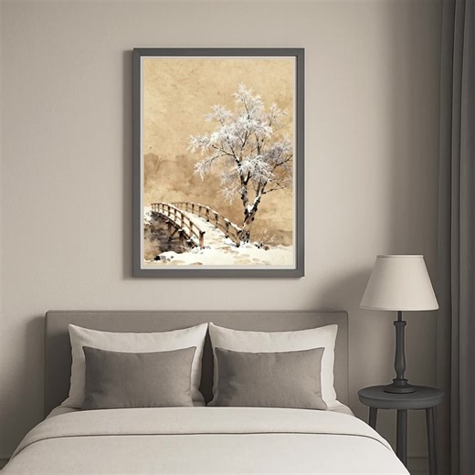 Winter Bridge in Snow – Wall Art Poster Picture – Peaceful Watercolor Landscape With Tree & Wooden Path – JPG Print – Sze-102 - Etsy