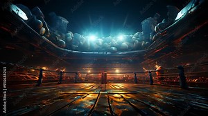 Boxing ring with red boxing gloves and smoke on the background