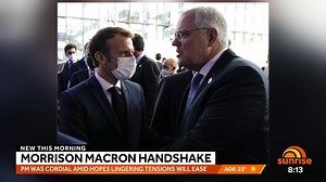 Prime Minister Scott Morrison (ScoMo) has shaken hands with French President Emmanuel Macron amid hopes lingering tension over the scrapped submarine deal can be resolved. | Sunrise