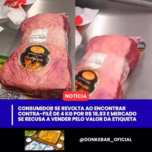 Pablo Braz on Instagram: "Um consumidor gerou debate nas redes sociais após reclamar que encontrou uma peça de contra-filé de cerca de 4 kg com o preço de R$ 18,83 indicado na etiqueta. Ao tentar pagar pelo produto, o supermercado se recusou a concluir a venda e explicou que o valor real era R$ 198,83. De acordo com o estabelecimento, a etiqueta estava dobrada e acabou ocultando o número 9, o que deu a impressão de que o preço era muito menor. No caixa, o erro foi identificado e a compra cancela