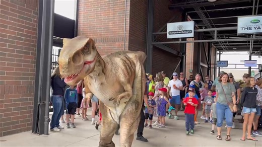 T-Rex will be here this Friday, July 25th. This big guy will be in left field for fans to take pictures and interact with from 6pm to 6:45pm! He'll also make a quick appearance on the field during the second inning... help us catch him! Tickets: bit.ly/3IqNoB5 Thanks to Fairytale Entertainment! | United Shore Professional Baseball League