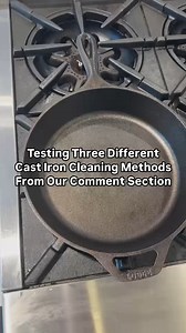 We cooked up some burgers and tried three different cast iron cleaning methods from our comment section! Which method would you choose? Let us know in the comments if there are other cleaning methods we should test! | Lodge Cast Iron