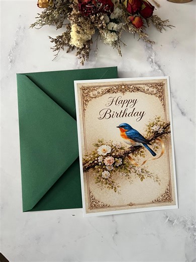 Bird on Blooming Branch Birthday Card, Antique Style Botanical Floral Bluebird Art Greeting Card - Etsy