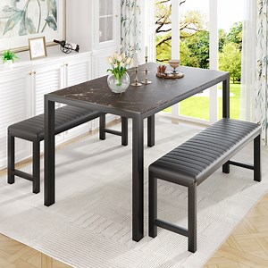 UHOMEPRO Dining Table Set for 4, 3-Piece Kitchen Table Set with 2 Benches, Modern Dining Room Table Set with Metal Frame, Breakfast Nook Furniture Set for Home Cafeteria Bar Dining Room, Brown