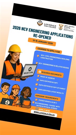 LovedaleTVETCollege | 𝟐𝟎𝟐𝟔 𝐍𝐂𝐕 𝐄𝐧𝐠𝐢𝐧𝐞𝐞𝐫𝐢𝐧𝐠 𝐀𝐩𝐩𝐥𝐢𝐜𝐚𝐭𝐢𝐨𝐧𝐬 𝐑𝐞-𝐎𝐩𝐞𝐧𝐞𝐝 Lovedale TVET College has reopened applications for 2026 NCV Engineering programmes from 13 to... | Instagram