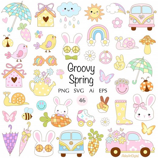 Retro Spring Clipart, Hippie Easter Bunny, Pastel Rainbow (SVG, PNG) - Etsy