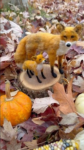 Needle Felted Red Fox with baby fox on Autumn Leaves
