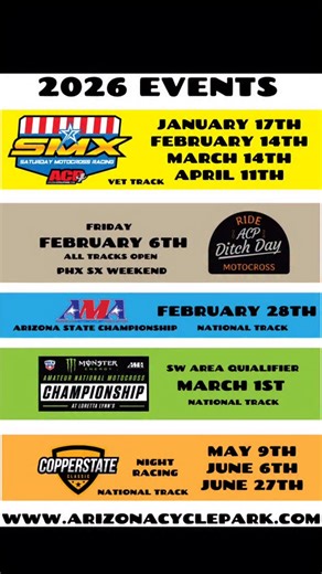 ACP on Instagram: "2026 is here! We've got an awesome slate of racing events coming up this spring and summer. Starting with SMX Racing on the front track Saturday January 17th Grab more info www.arizonacyclepark.com #comeplayinourdirt #acpmx #rideacp #raceacp #wehaveatrack4u"