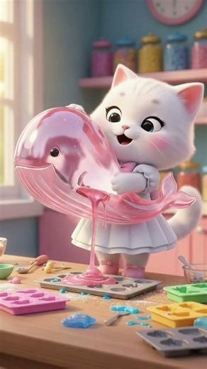 This Cute White Cat Bought a Giant Pink Whale Candy and Shared It with Everyone! #animation #cat
