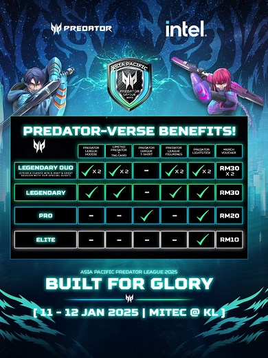 🚨 Exclusive APAC Predator League 2025 Merch info! 🚨 Get hyped! Not only are your tickets locked in, but the exclusive merch lineup is 🔥! The APAC Predator League 2025 is coming to MITEC, KL, on 11th-12th January, and it's time to grab your tickets before they’re gone! Legendary Duo: Premium seats double the goodies such as Hoodies, figurines, lightsticks, and more! Legendary: Premium bag with the same epic lineup! Pro: T-shirt, lightstick, and vouchers. Elite: Lightstick voucher. ⏳ Time is ti