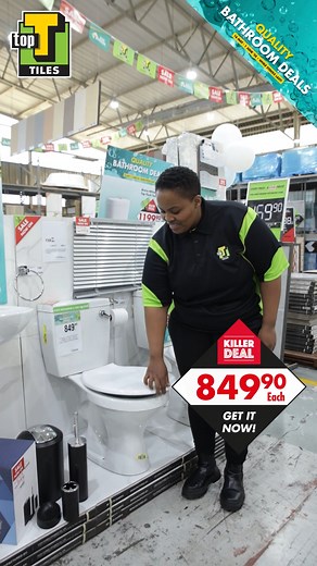 🚽 Killer deals just dropped at Top T! ✅ Toilets from R849.90 (includes seat flush) ✅ Flair Basin from only R299.90 ✅ Basin & Pedestal Combo from R629.90 ✅ Full 7-piece white bathroom set for R2 899.90 – or get it in colour for R3 599.90 💯 All SABS approved with a 10-year guarantee on ceramic pieces. Hurry – deals end 1 June 2025! 📍 Shop at one of our 96 stores or online at TopT.co.za Top T Tiles – Where Every Price is a Low Price #TopTTiles #BathroomDeals #EveryPriceALowPrice #KillerDeals | T