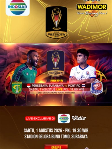 Pertarungan sengit bakal tersaji di Piala Presiden 2026! 🏆⚽ Persebaya Surabaya 🇮🇩 siap menghadapi tantangan Port FC 🇹🇭 dalam laga penuh gengsi dan sarat perjuangan! 🆚 PERSEBAYA SURABAYA 🇮🇩 vs PORT FC 🇹🇭 🏟️ Stadion Gelora Bung Tomo, Surabaya 📅 Sabtu, 1 Agustus 2026 ⏰ 19.30 WIB Saksikan keseruannya LIVE Eksklusif di @indosiarid #wadimor #sarungwadimor #sarungtenun #PialaPresiden2026