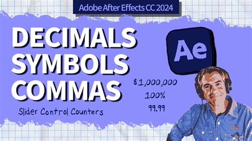 Adobe After Effects CC 2024: Slider Control Counter, Decimals, Symbols & Commas This tutorial will show you how to create a number counter and control decimal places, add symbols and commas in Adobe After Effects CC 2024. Keyboard Shortcuts:� EE: Reveal Expressions UU: Reveal Keyframes Control Decimal Places:� .value.toFixed()…no decimal places .value.toFixed(2)…2 decimal places Countdown Timer Tutorial (from 2023):� https://youtu.be/bY1CD8Cr0a8?si=z4E4yUPveZPJNo-Q Note: Slider Controls are limi