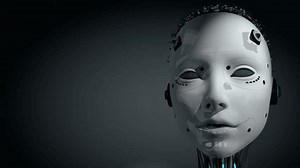Front view of female humanoid robot head with glowing white skin talking while moving lips, eyes, blinking and light on her head turning on and off against dark background. Loop sequence. 3D Animation