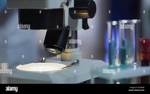 Closeup of clean working surface of microscope ready for medical test, equipment, stock video Stock Photo - Alamy