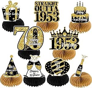 NICOWARM 9PCS 70th Birthday Decorations, Party Supplies Honeycomb Centerpieces for Women Men, Black Gold Vintage 1953 Aged to Perfection Centerpiece for Table Topper, 70 Years Old Birthday Table Sign