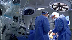 Colleague surgeons cooperate at brain operation. Two doctors work in modern surgical room for neurosurgeries.