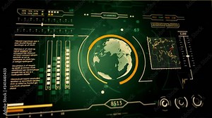 Futuristic 3D display with graphs and diagrams The Earth planet looped. Theme of a fantastic control panel with a lot of moving targets. Animated dashboard screen of a modern radar
