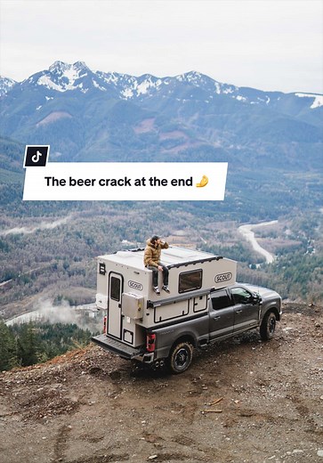 Stay for the truck camper setup. Rewatch for the beer crack at the end 🤌 #truckcamper #mountainviews #offgridcamping #camperlife
