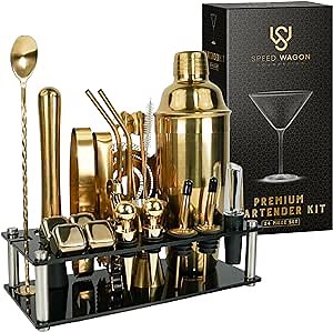 Mixology Bartender Kit – 24 Piece Gold Cocktail Shaker Set w/Stand – Essential Home Bar Accessories Martini Shaker, Jigger, Muddler, Chilling Cubes & More