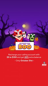 18K views · 27 reactions | Today only, 10/31, treat yourself to MORE TIME to connect with your LOVED ONES!  Use PROMO CODE “BOO” to enjoy a haunting 20% BONUS on calling recharges from $5 to $100. Available in the app, online, or at BOSS Revolution store. ✨ Terms Apply. | BOSS Revolution | Facebook