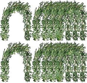 Yunlly 135ft Artificial Faux Greenery Garland Willow Leaves Vines Hanging Willow Vines Leaf Garland for Indoor/Outdoor Wedding Party Decor Wedding Table Centerpieces (Green,24 Pack)