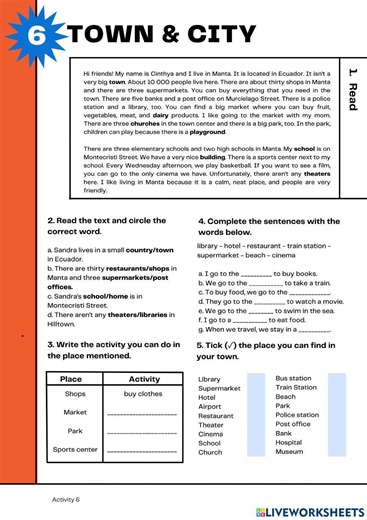 Reading comprehension A1: My town worksheet