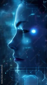 Profile of a humanoid face illuminated by digital blue light in a futuristic environment. Represents AI and virtual reality.