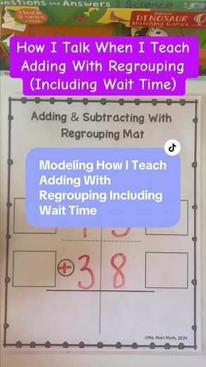 Here’s an example of how I teach adding with regrouping including wait time. This example is more like the 2nd or 3rd time I teach/model it. It’s SO inportant to go slow and give students the proper wait time to allow them to process what they’re doing. After we go through it several times we move faster and I just give little reminders as we’re working. Please note I forgot to draw for you guys the 1 ten I brought over in the pictoral representation. I just always add that on top of the box! Th
