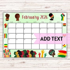 EDITABLE Printable February Calendar 2027 | Black History Month Calendar | Black History February Calendar | Monthly Calendar | Fillable - Etsy