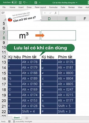 Chèn ký tự đặc biệt và m3 trong Excel