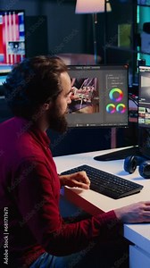 Vertical video Post production expert recording tutorial using recording equipment, talking about improving video quality with skillful editing techniques. Videographer filming internet guide on