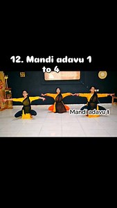 12. Madi adavu 1to 4 The term "Mandi" relates to the thigh and knee area, and the posture is known for its challenging nature due to the low, grounded position. In Bharatanatyam, there are 12 basic groups of adavus. However, the exact number can vary depending on the teaching style and guru. Even the number of adavus in each group and the names of adavus can vary. 1. Thattadavu 2. Nattadavu 3. Paraval adavu 4. Kudithu mettadavu 5. Korvai adavu 6. Kuthadavu 7. Sarukkal adavu 8. Thatti mettadavu 9