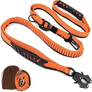 Heavy Duty Tactical Dog Leash, 5-6.5FT Reflective Shock Absorbing Bungee Dog Leash with Car Seat Belt, Training Leash with Padded Traffic Handle & Quick Release Frog Clip for Medium Large Breed Dogs
