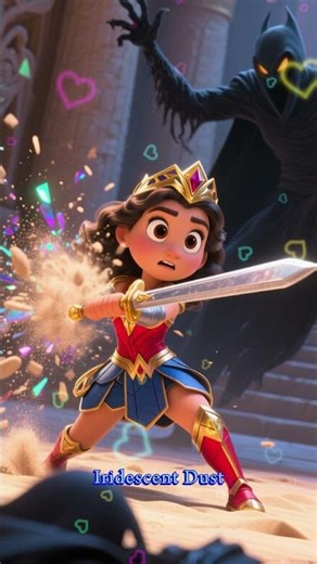 Miniature Wonder Woman defends a Greek temple made entirely of shimmering kinetic sand