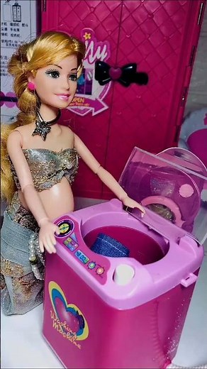 Satisfying with Unboxing Miniature Barbie Pink Washing Machine Cleaning Set Toys ASMR Videos