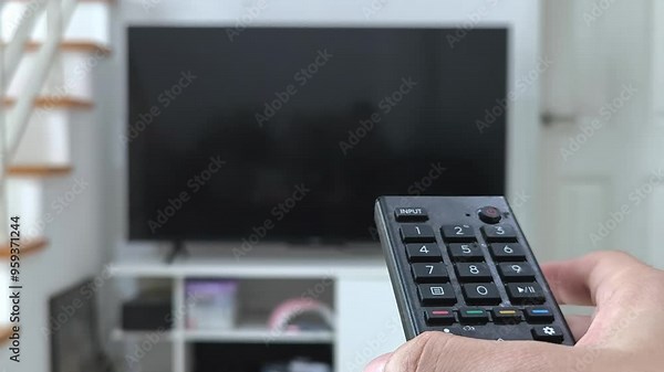 Turn on and turn off the TV remote, watching tv close up hand with remote control switches channels tv on background out of focus
