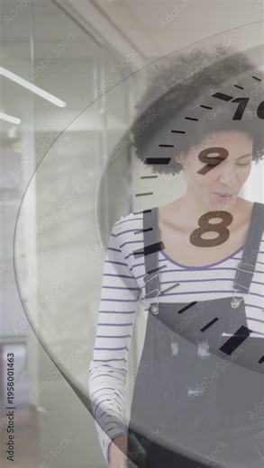 Vertical video: Office woman walking pulling phone tapping to check time clear clock overlay on her